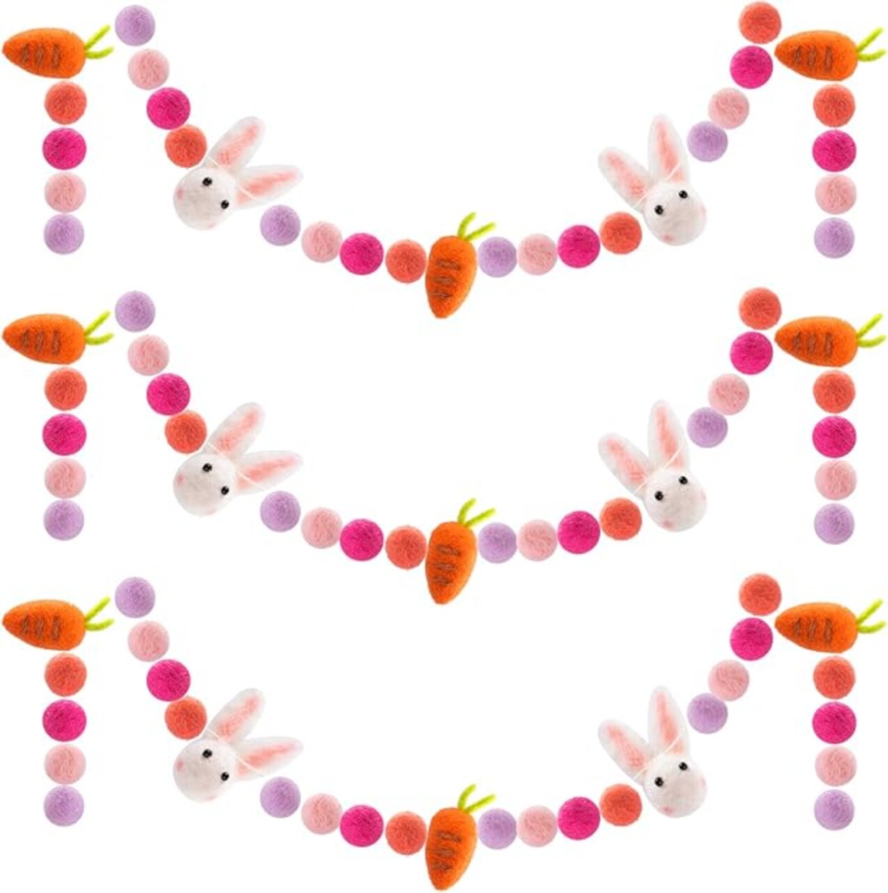 3 Pieces Easter Wool Felt Ball Rabbit Carrot Garlands- 6 Feet Handmade Pom Pom Felt Ball Bunny Hanging Banners Easter Spring Tree Ornaments Party Favors for Easter Home Bedroom Living Room Wall Decors